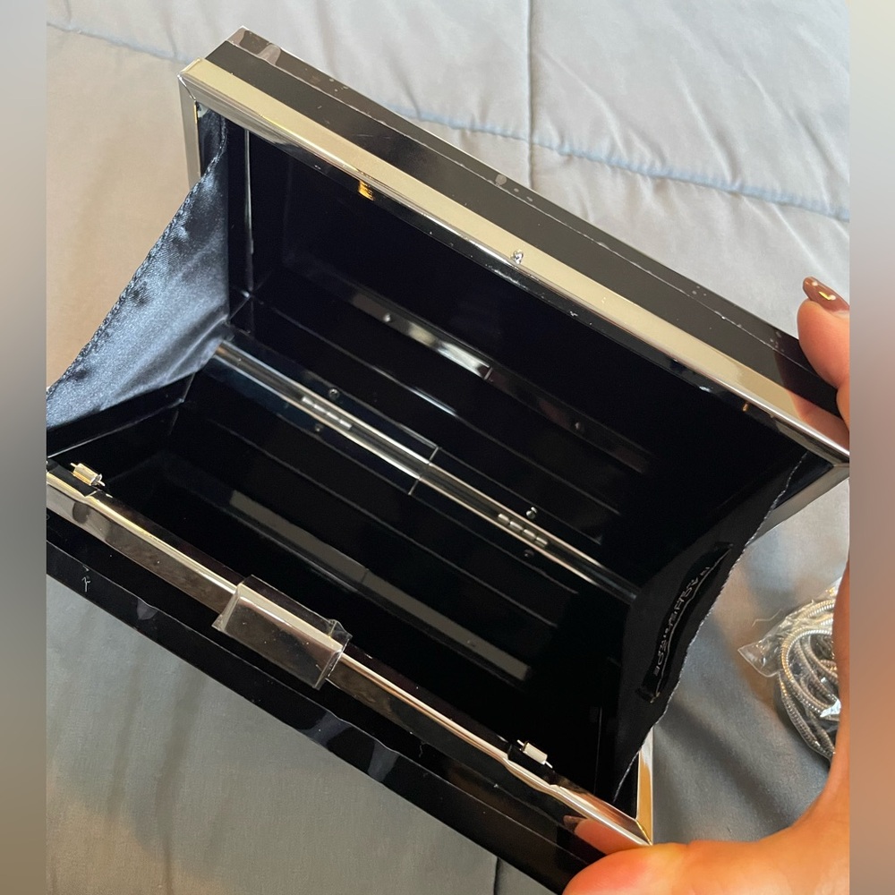 Black Box Clutch with Silver Accents and Removable Silver Chain Strap - Picture 4 of 9